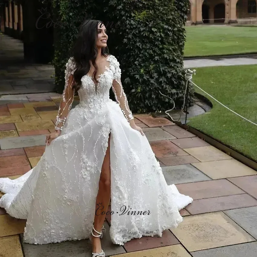 

Сексуальное свадебное платье с разрезом по бокам по индивидуальному заказу, американская мода, 3D цветочные кружевные аппликации на шее, свадебное платье больших размеров W1398