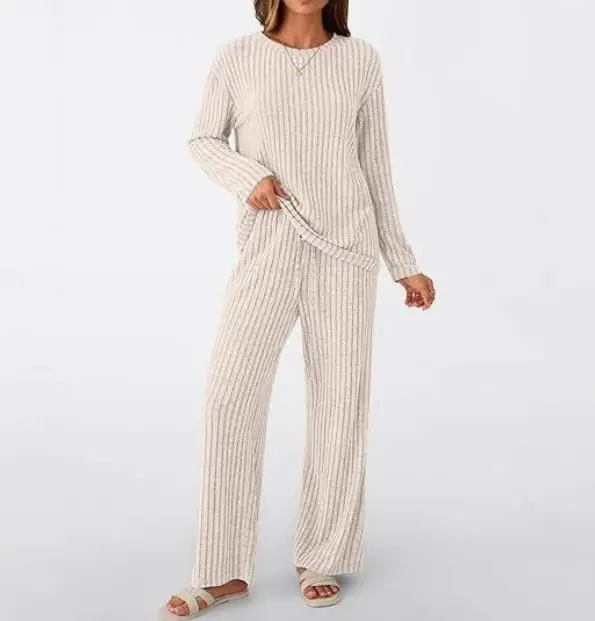 

Two Piece Set Women Outfit 2026 Spring Autumn New Loose V-Neck Pit Strip Long Sleeve Knit Top & Casual Straight Pants Set