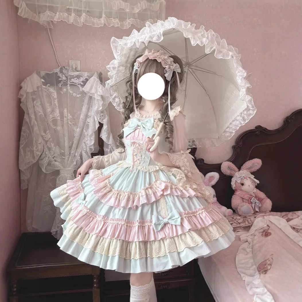 【Sweet Mousse】tejido de jardín Lolita Original lindo dulce fresco JSK vestido de mujer japonés Kawaii arco volantes vestido de princesa de fiesta