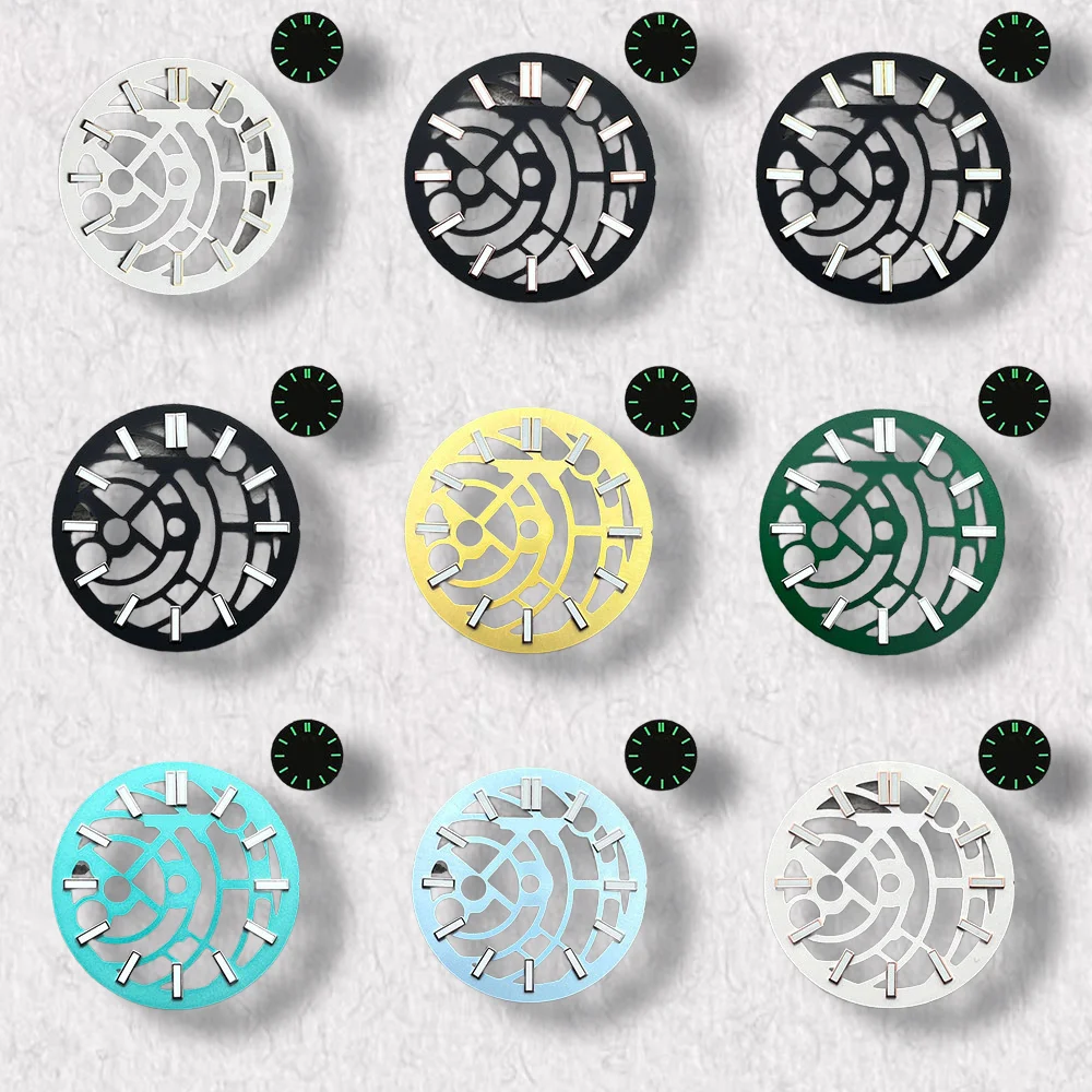 

High-Quality 28.5mm S Logo Hollow Out Dial Fit NH70/72 Movement Green Luminous Dial Watch Modification Accessories