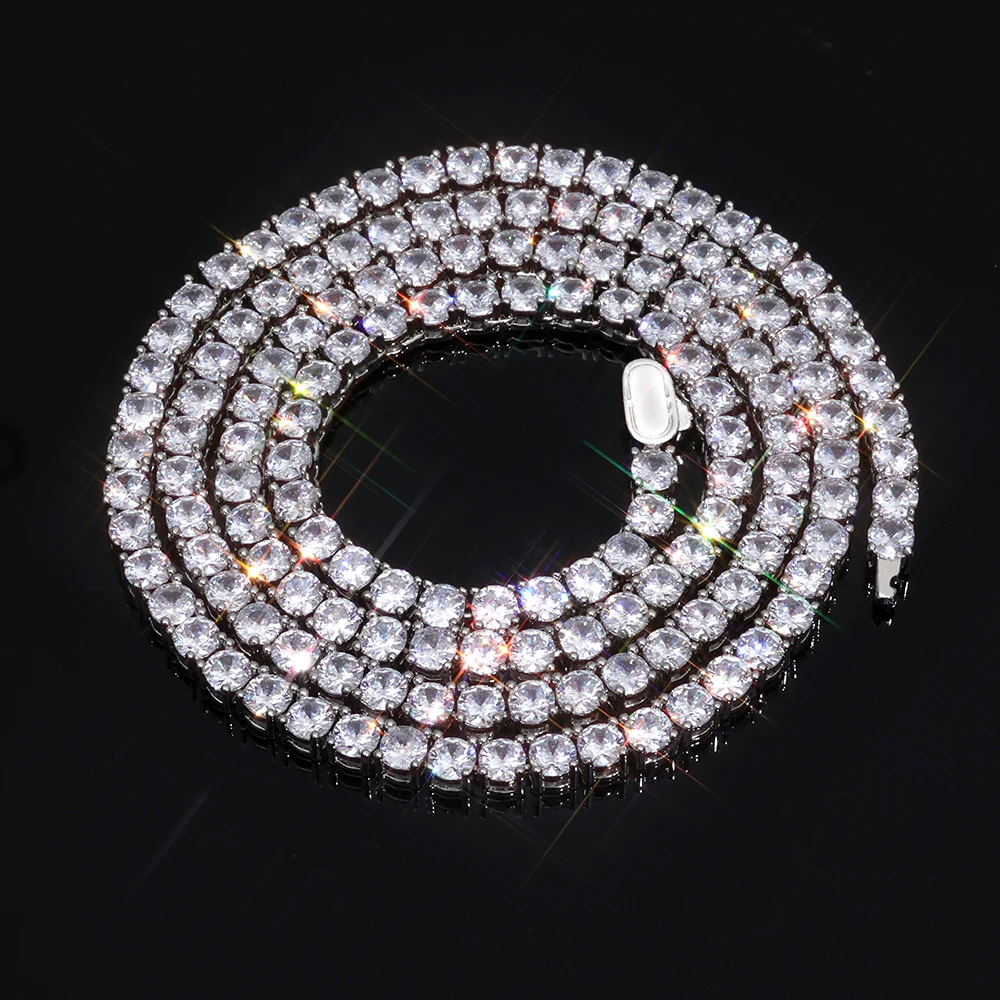 Hip Hop Hot Selling 3/4/5mm Wide Tennis Chain Iced Brass Spring Buckle Shining Zircon Inlay Stackable Jewelry Tennis Necklace