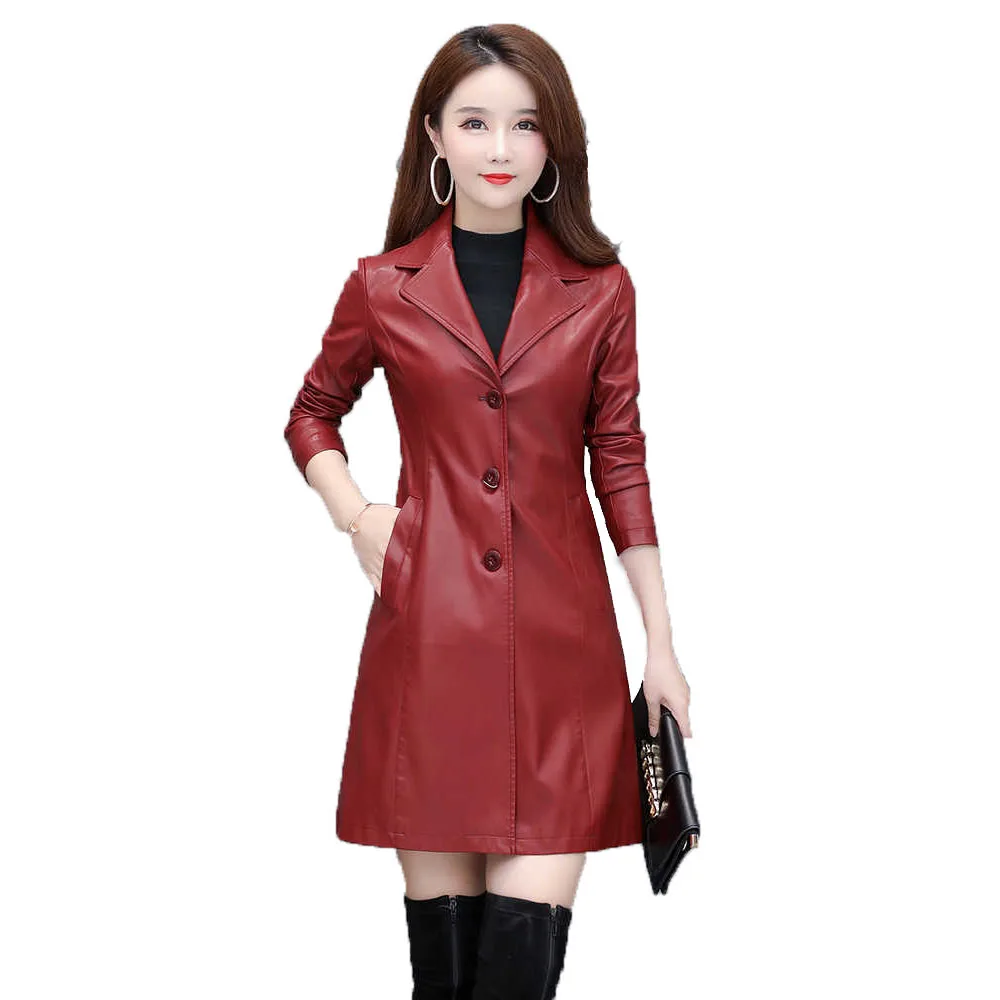 Women Long Leather Coat Casual Style Femme Leather Coat Jaqueta De Couro Feminina turn-down Collar PU Leather Trench