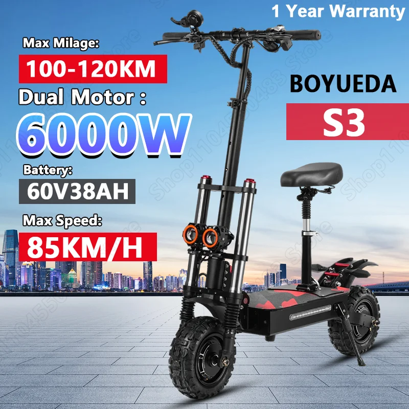 مكتمل ذاتيًا للجنسين Boyueda S3 EScooter 6000W محرك مزدوج 60V38ah فرامل هيدروليكية 11 بوصة إطار للطرق الوعرة