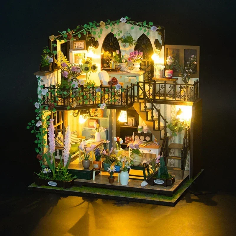 NEW DIY Wooden Darcy Flower House Dollhouses Miniature Kits With Furniture LED Lights Home Desk Decoration Adult Handmade Gifts