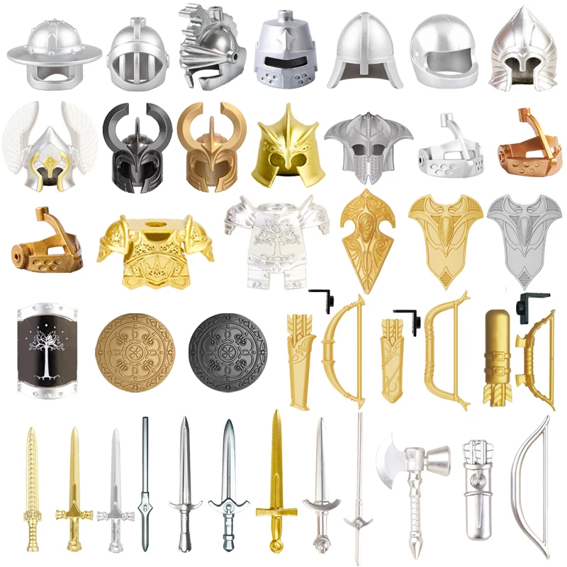 Medieval Military Building Blocks Spartan Warrior Weapons Gold Round shield spear Castle Knight Helmet Crossbow Bullhorn Hat Toy