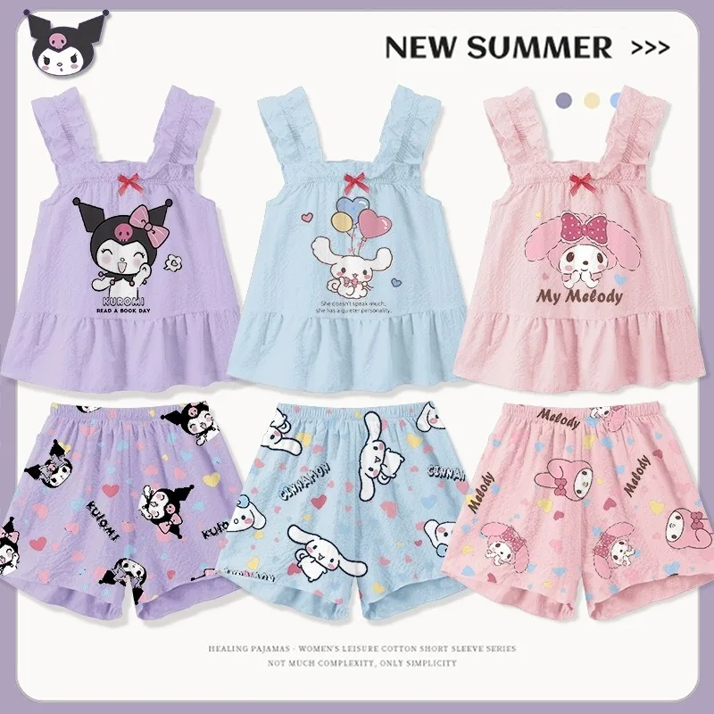 Sanrio Girls pigiama Set Anime senza maniche tuta Cinnamoroll pantaloncini a maniche corte Cute Child Leisure tuta regalo