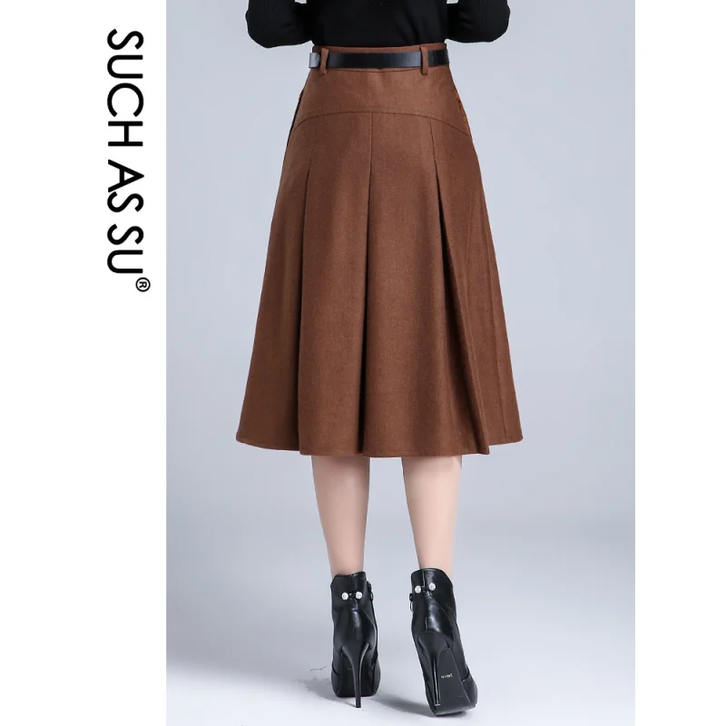 SUCH AS SU 4 Colors 2021 Women Black Brown Dark Blue Wine Red High Waist Pleated Skirt Winter S-3XL Size Female Mid-Long Skirt