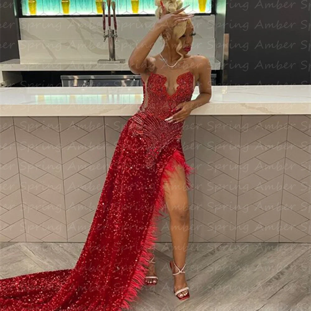 Luxury Red Prom Dresses Crystal Rhinestones Sequins High Slit Black Girl Evening Gowns Feathers Graduation Customized