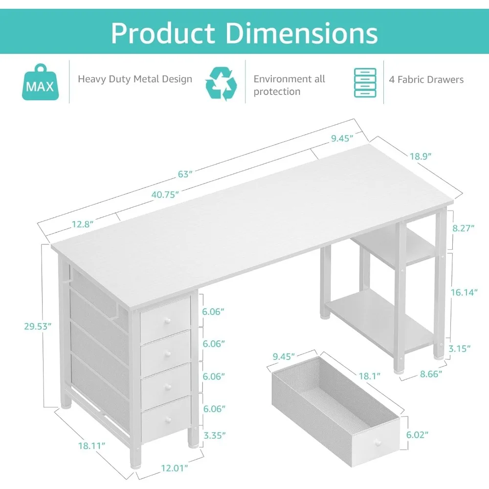 مكتب كمبيوتر مع أدراج قماشية وأرفف تخزين، مكتب كتابة دراسة المكتب المنزلي مقاس 63 بوصة، مساحة عمل بسيطة لغرفة النوم #3