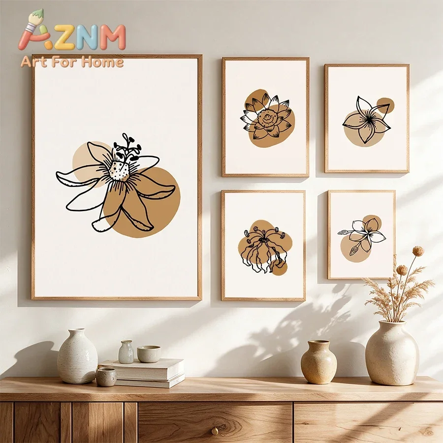AZNM Boho Line Art Flower Canvas Wall Art Abstract Beige Floral Sketch Print Unframed Canvas Poster for Living Room Bedroom Home