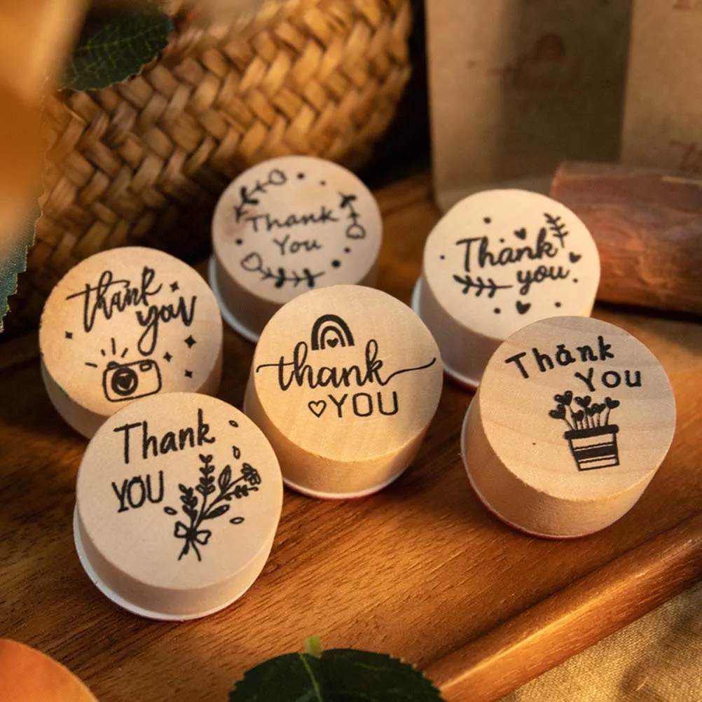 

6pcs Wood Thank You Stamps Creative DIY Craft Decorative Round Seals Scrapbook Letter Premium Durable Safe Kids Gifts