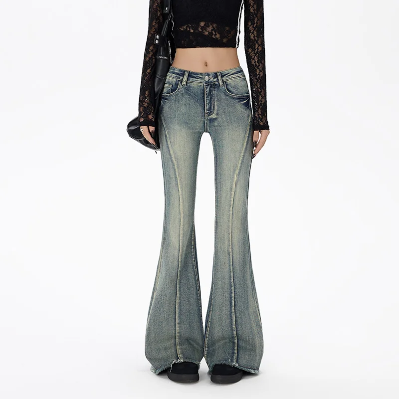 

Ностальгические расклешенные джинсы для женщин, весенне-осенние новые стили для пряных девушек, утягивающие и универсальные эластичные расклешенные брюки