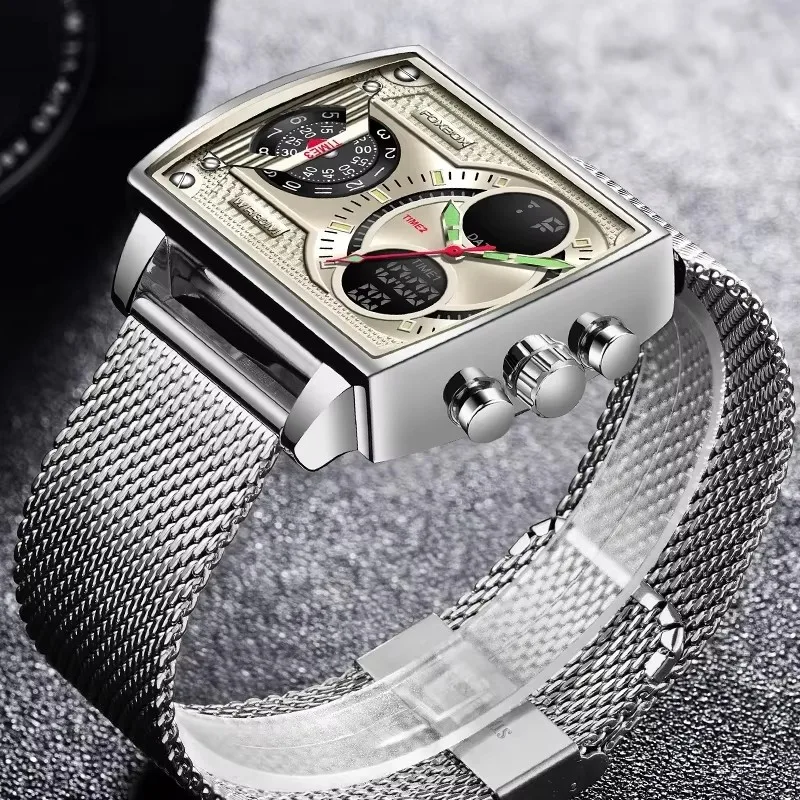 Orologi da uomo quadrati di moda FOXBOX Orologio da uomo di lusso delle migliori marche Orologio sportivo casual impermeabile con doppio display Relogios Masculino + scatola