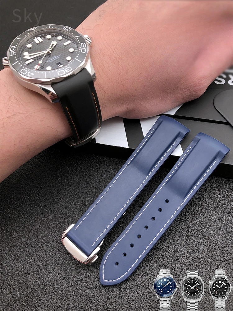 For Omega Seahorse 300/600 Hamilton Frog IWC Pilot Mark 20 22mmAccessories Solid Stainless Steel Fold Buckle Rubber Watch Strap