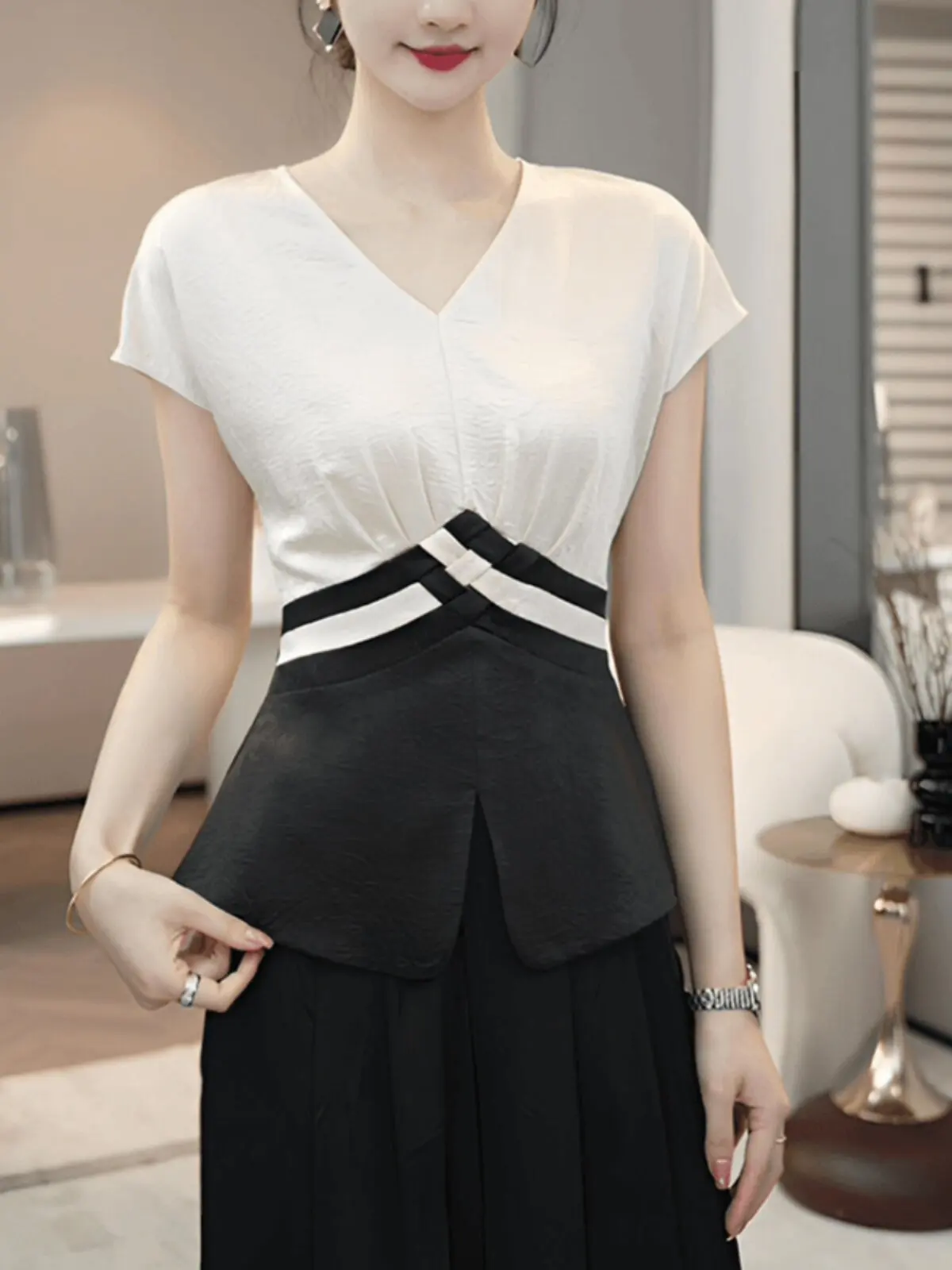 

Faionable High-End Feel Patchwork Silk ort Sve Women's irt V-Ne Loose Fit Spring Summer New Sle Slimming Top