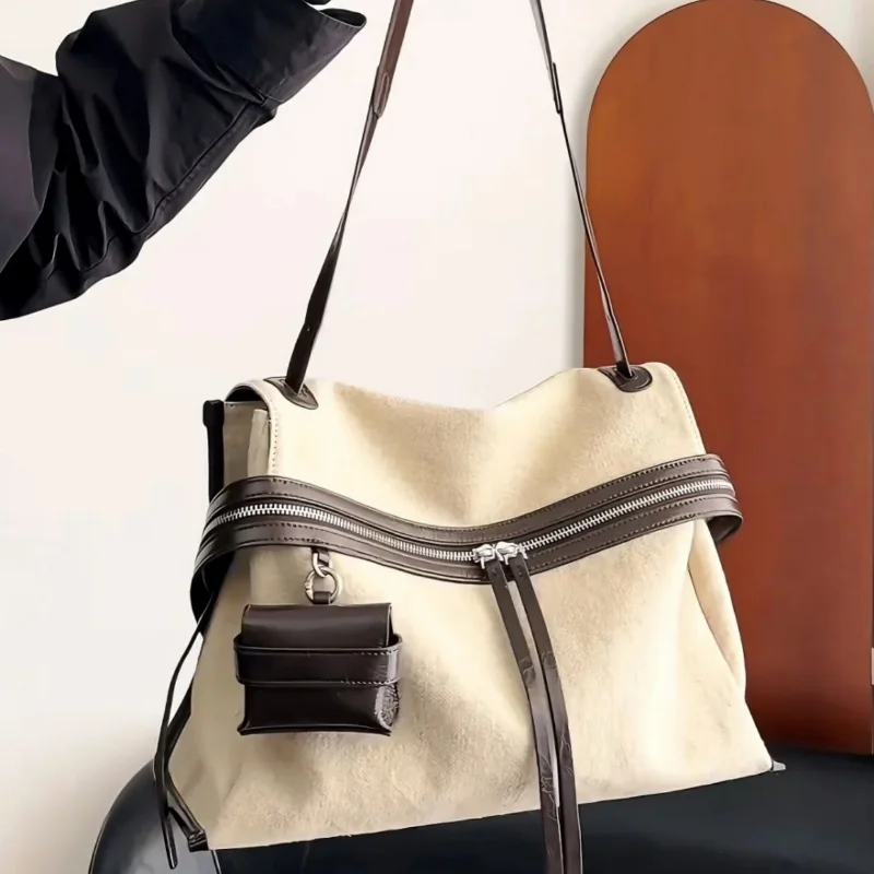 Vintage Canvas Spliced Leather Shoulder Bag Women Large Capacity Casual Tote Bag With Mini Coin Purse Retro Crossbody Handbag