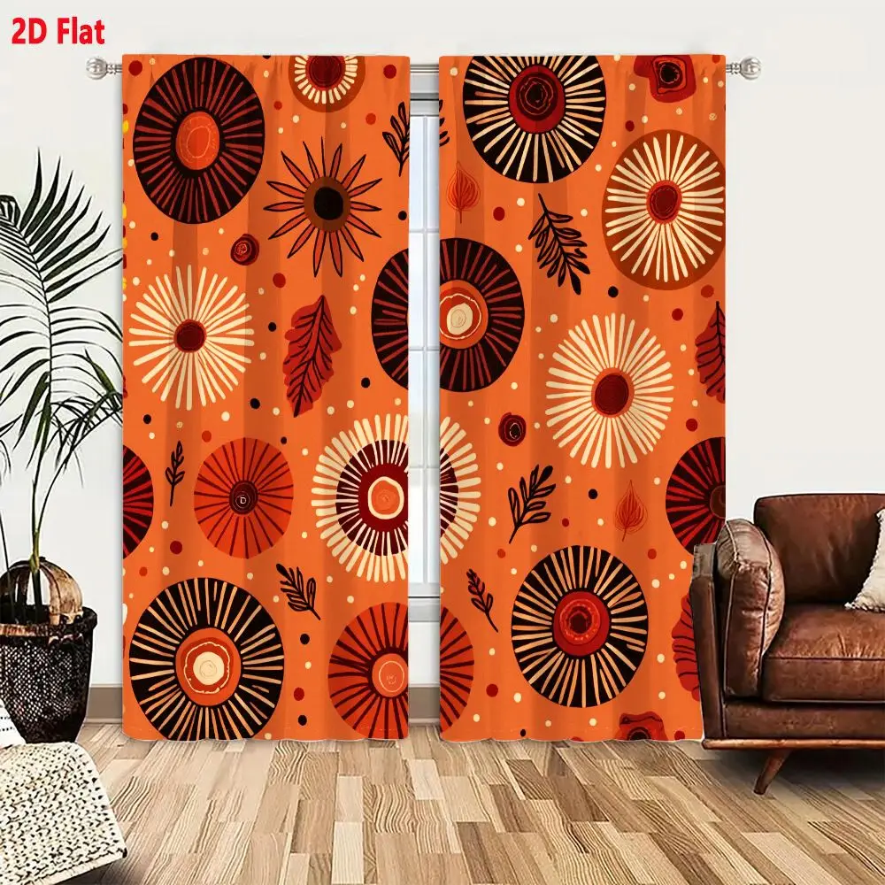 2Pcs Curtains 2D Flat Vibrant Repeating Pattern Orange Background With Stylized Flowers Leaves In Warm Earthy Tones Red Brown Cr