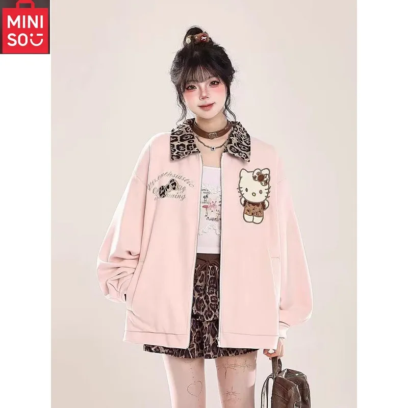 

MINISO Hello Kitty Women's Coat Autumn Spring Zipper Long Sleeve Top Casual Jacket Loose Kawaii Anime Fashion New Clothing