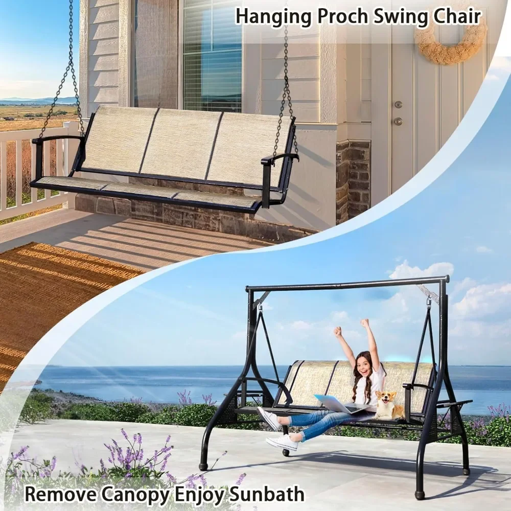 Outdoor Patio Swing with Adjustable Canopy, 3 Seat Outdoor Porch Swing with Cup Holders, Waterproof Textilene Swing Chair