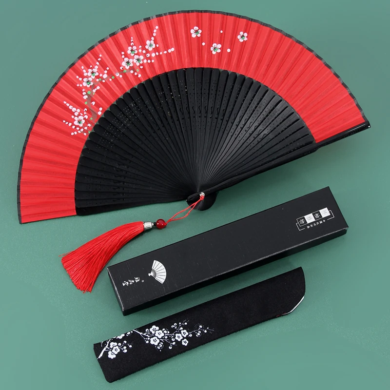 Chinese Red Dance Fan Exquisite Gift Box Fans Gift to Friends Wedding Hand Fan Summer Cool Hand Fan Convenient Home Daily Fan