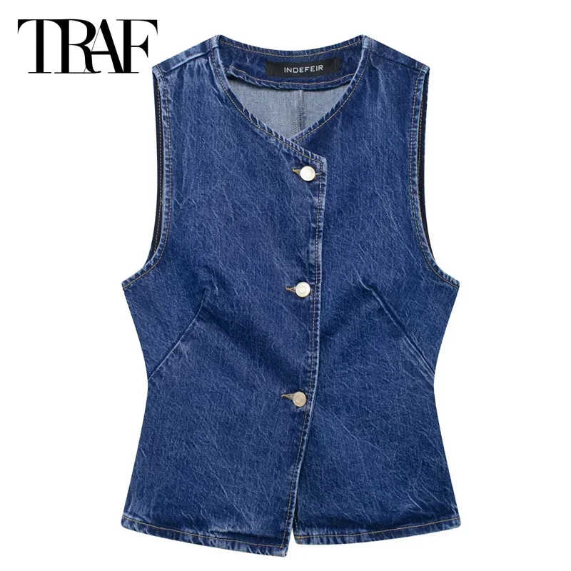 TRAF 2024 Blue Denim Vest Women Waistcoat Sleeveless Vests for Women Fall Jeans Vest Top Women Streetwear Women's Tailored Vest