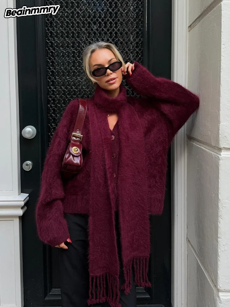 Chic Burgundy Tassels Scarf Collar Mohair Cardigan Women Fashion Single Breasted V Neck Sweater 2024 New Casual Street Outerwear