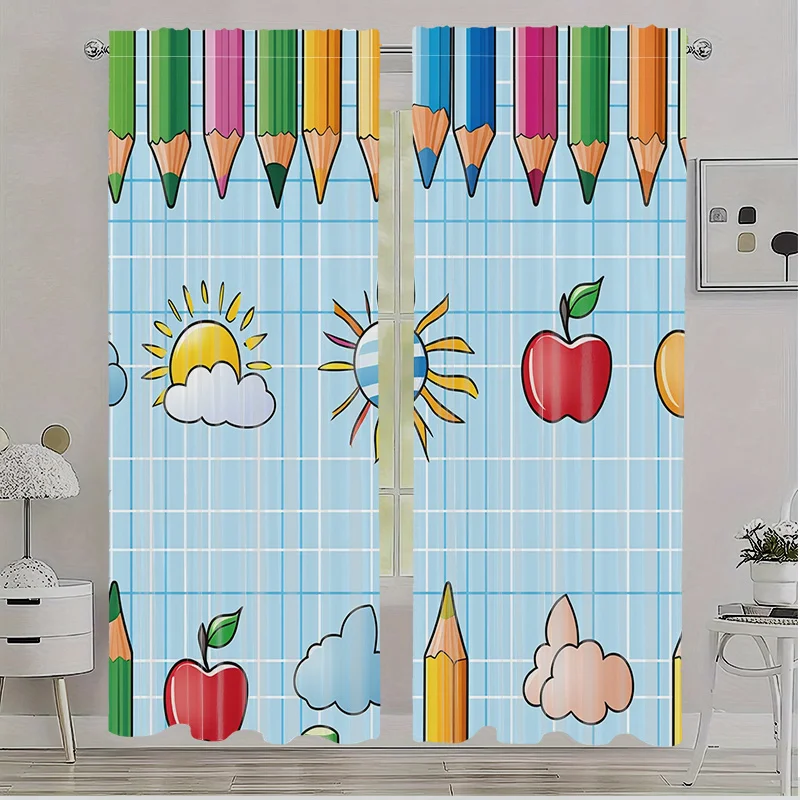 Colorful Pencil Curtain, Cute Apple Sun School Pattern Window Drape, Education Kids Room Decor, Blackout Fabric for Study