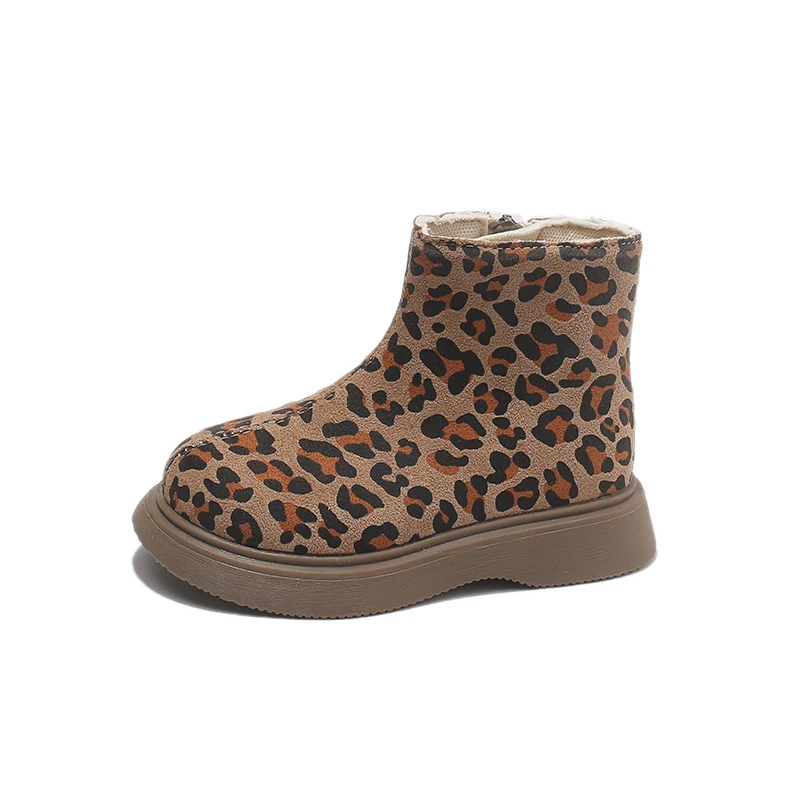 2026 Autumn/Winter New Girls' Retro Leopard Print Short Boots - Soft Sole, Warm & Stylish Ankle Boots for Toddlers