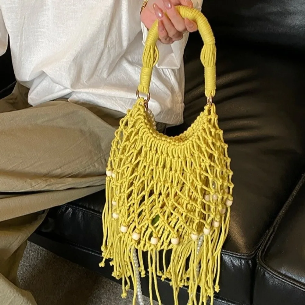 

Large Size Woven Beach Bag Elegant Tassel Detail Bohemian Crossbody Bag High Quality Liner Pearl Chain Strap