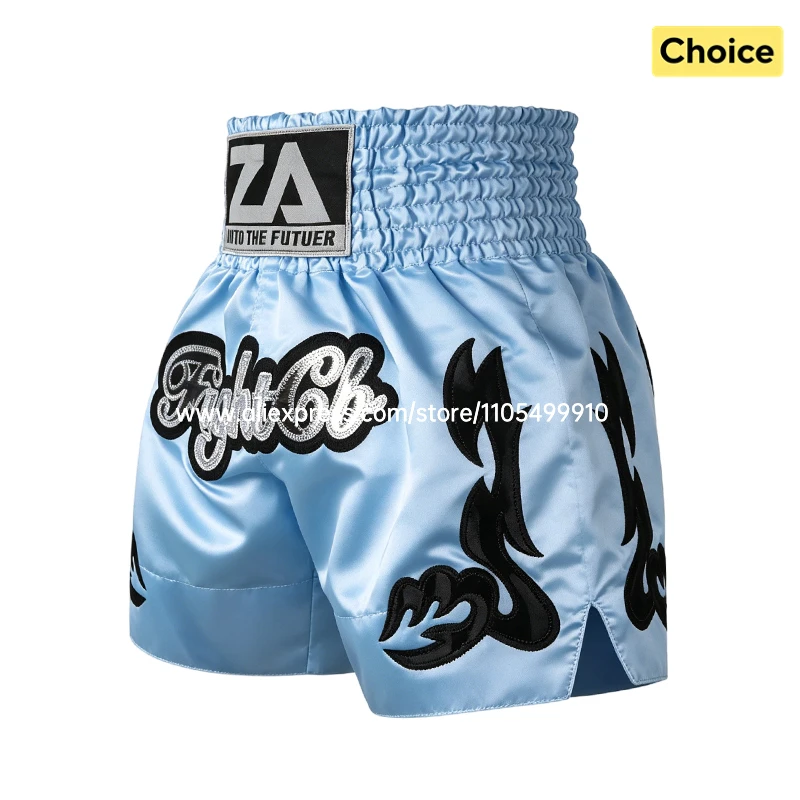 Muay Thai Boxshorts Unisex Blau Satin Thai Schrift Kickboxen MMA Hosen Gym Workout Kampfsport Sparring Training Kampfkleidung