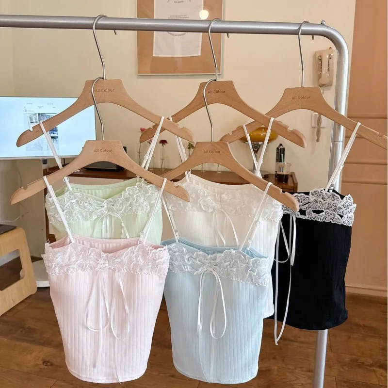 Lace Camisole with Built-in Bra Adjustable Tie Front Crop Top for Women Summer Cotton Slim Fit Bralette Solid Color Strap Camis