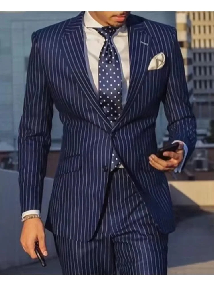 Stylish Elegant Blue Striped Suit Jacket Business Casual Lapel Double Button Long Sleeves All Seasons Men's Coat Jacket