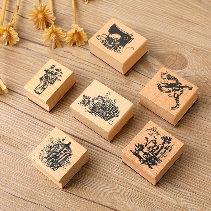 Vintag Esewing Machine Birdcage Cat Wooden Rubber Stamps Set Diy Rubber Stamp For Card Making Scrapbooking