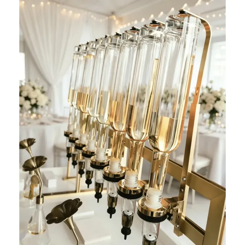 Custom Gold Perfume Display Stand with 12 Pump Heads Glass Tube Dispensers for Wedding Events and Cosmetics Retail Stores