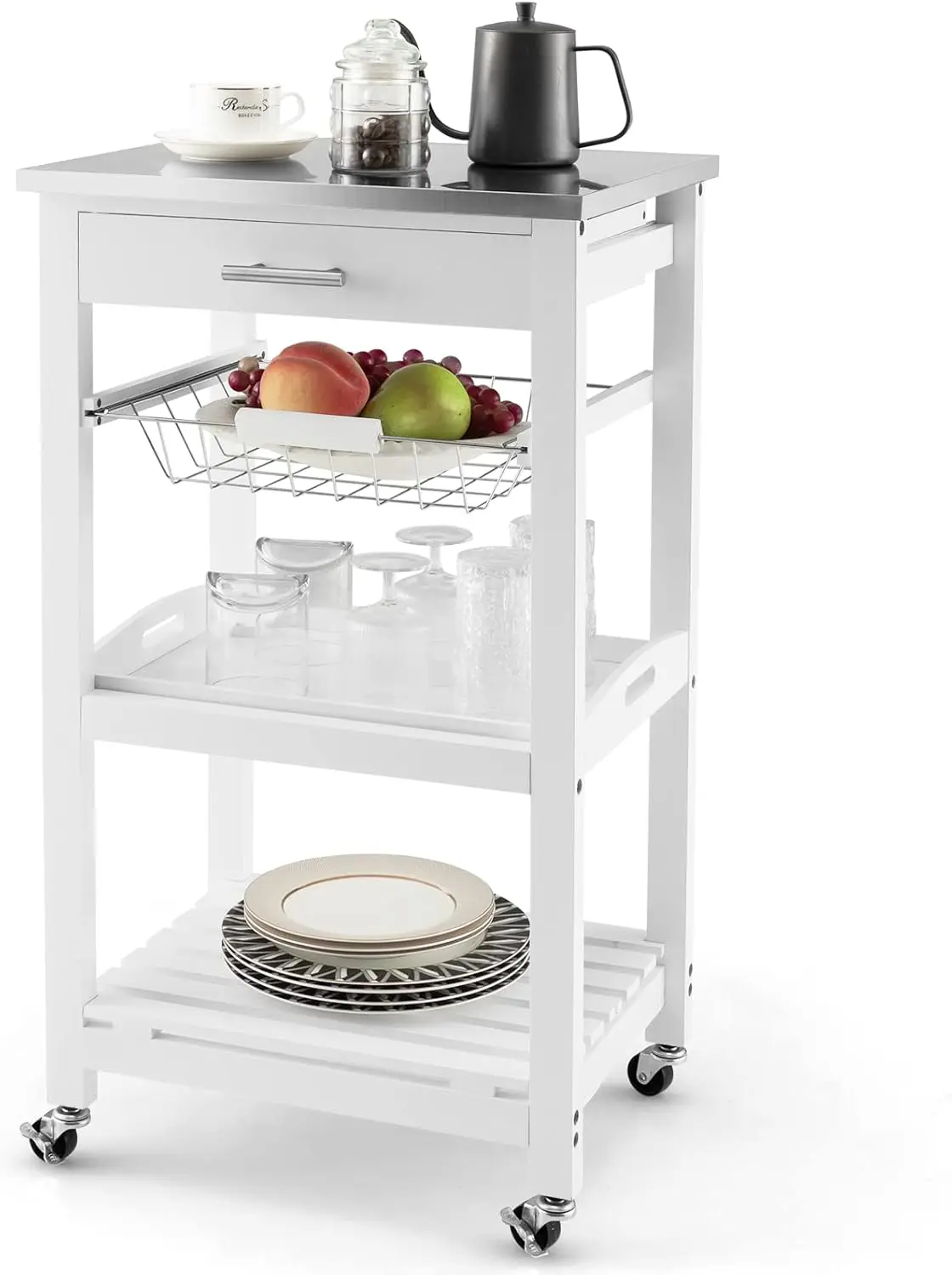 

Kitchen Island Cart with Drawer, Rolling Kitchen Cart on Wheels with Stainless Steel Countertop, Metal Basket, Serving