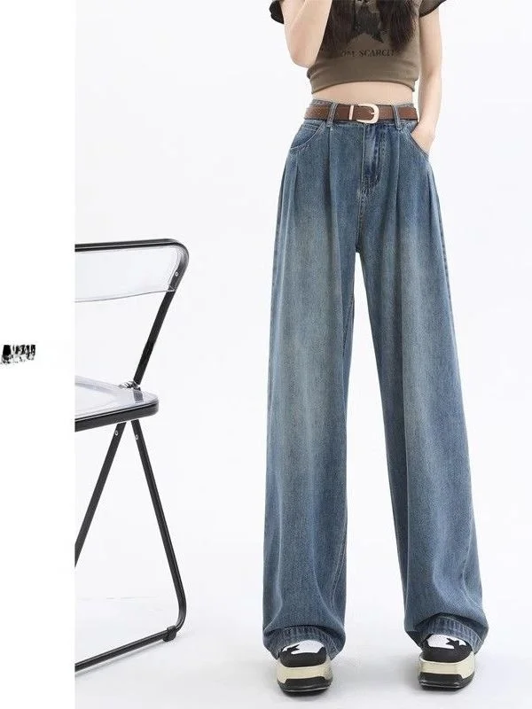 High Waist Wide Leg Denim Jeans Women's Spring 2026 New Style Small Size Loose Straight Long Pants Vintage Pleated