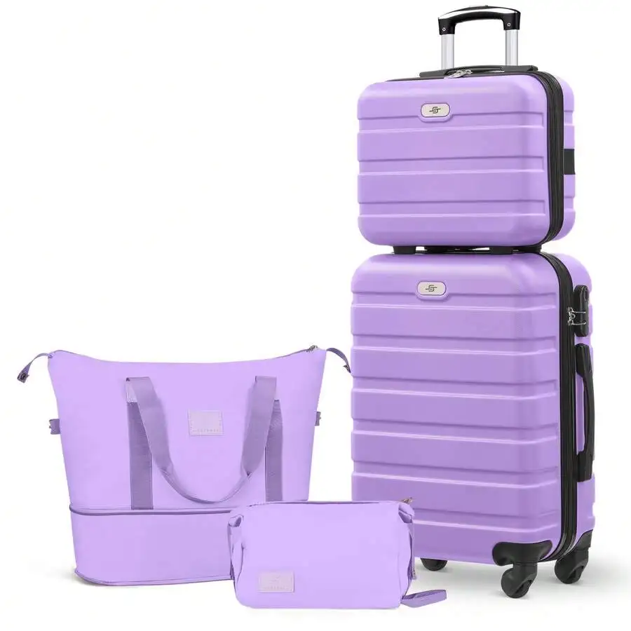 4-Piece Travel Luggage Set: 20 Inch Hardshell Suitcase + 2 Duffel Bags + Makeup Case, Combination Lock & Spinner Wheels, Airline