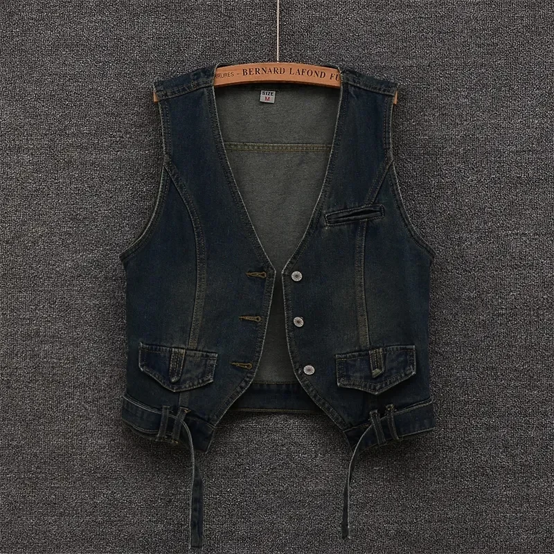 Vintage Blue V-Neck Denim Vests Women Single-Breasted Summer Jean Sleeveless Short Jacket Basic Waistcoat Wash Chaleco Mujer Top