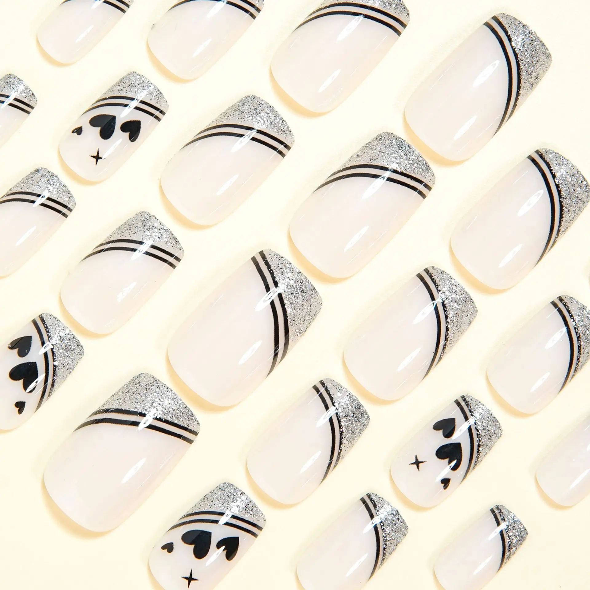 Short Square fake nails for women girls cute heart star design for Valentine's Day silver glitter french nail tips press on nail