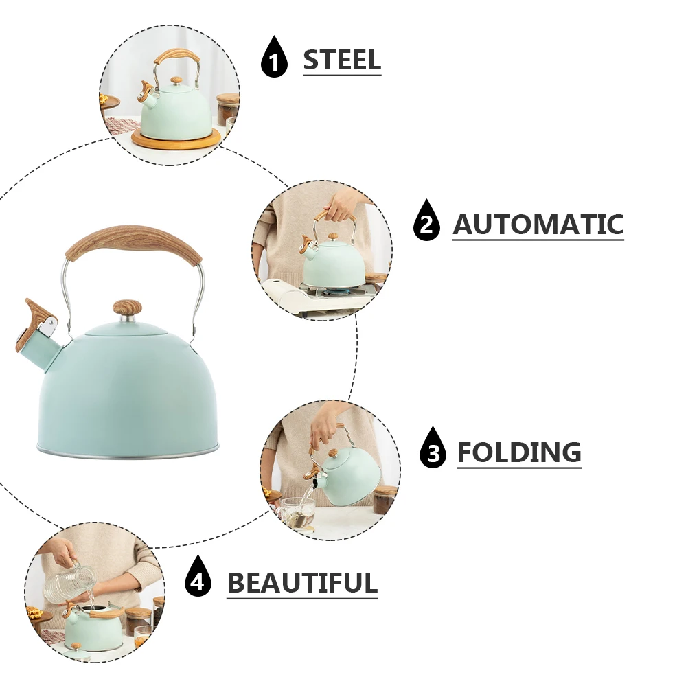 

1Pc 25L Wooden Handled Whistle Tea Kettle Stainless Steel Rapid Heating Kitchen Water Boiling Pot