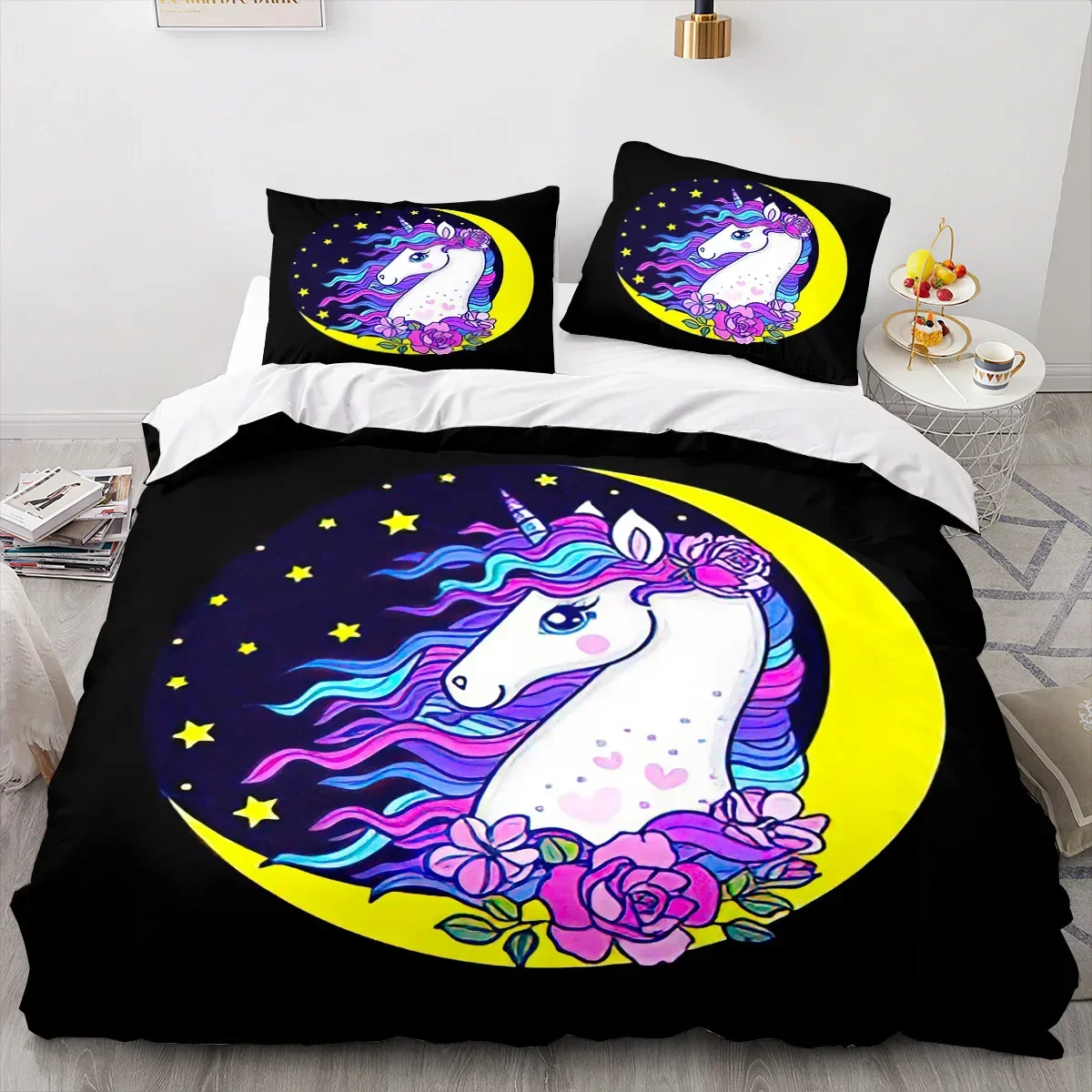 Unicorn Duvet Cover King Queen Cute White Cartoon Animal Bedding Set Children Boys Girl Western Fairy Tale Polyester Quilt Cover