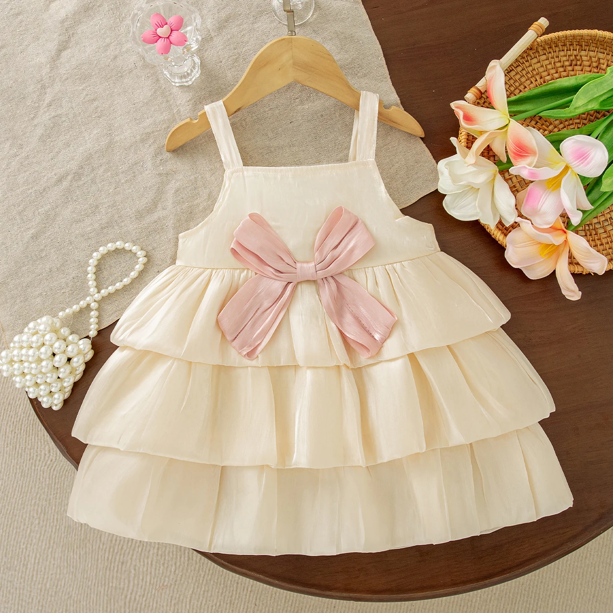 Baby Dresses Summer Cotton Solid Color Bow Suspender Multi Level Baby Girl Dress Sweet And Cute Princess Dress