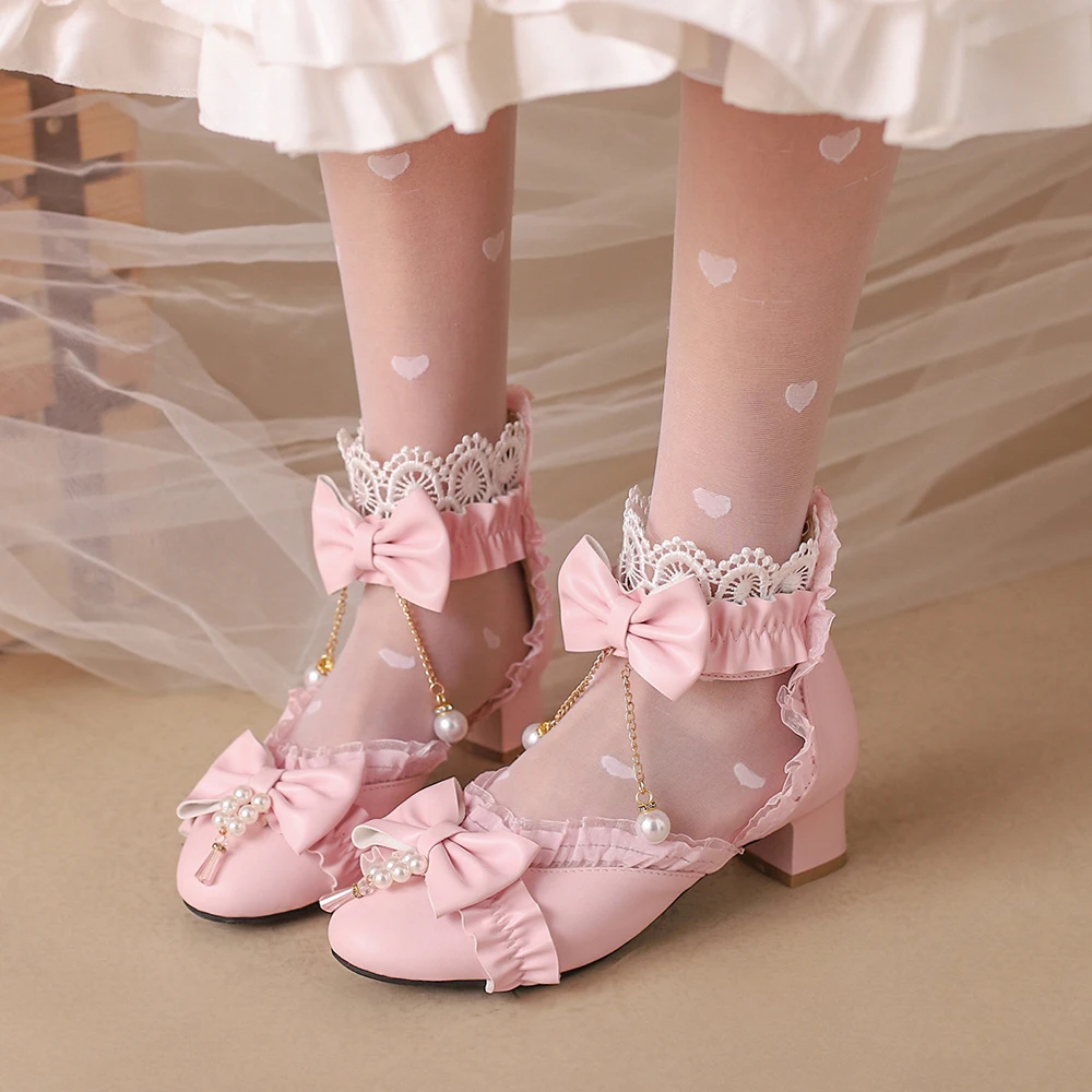 Classic Bow Lolita Shoes Sweet Lace back zipper Ankle Strap Spike Heel Pumps Female Cosplay Party Ruffles Princess High Heels