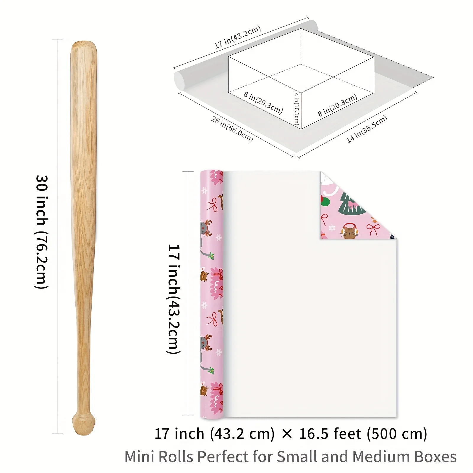1 Roll of Pink Christmas Cat Gift Wrapping Paper, Cute Cat Print on Santa Hats and Christmas Trees, Christmas Holiday Gift Wrapping Roll, Party, DIY Craft Decoration, 43.2cm X 500cm