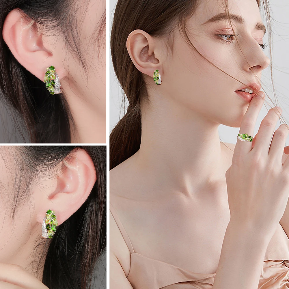 GZ ZONGFA 100% 925 Sterling Silve Plant Clip Earrings for Women Natural Peridot Chrome Diopside Mixed Gems 3.8ct Fine Jewelry