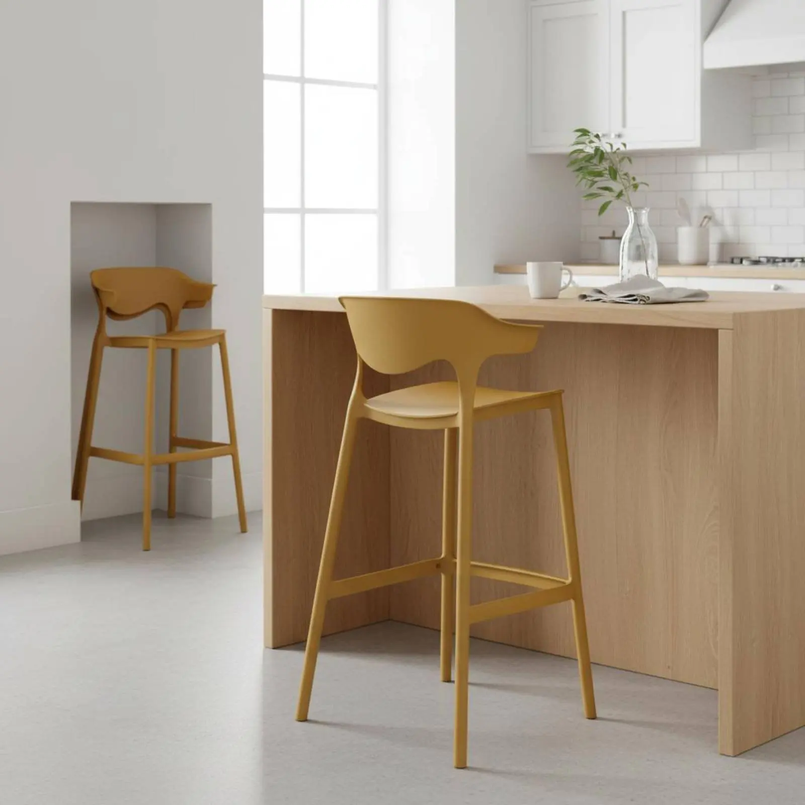 

Minimalist High Stool with Backrest Single-Piece Molded Stackable Counter Height Chair Modern Plastic Bar Stool for Kitchen