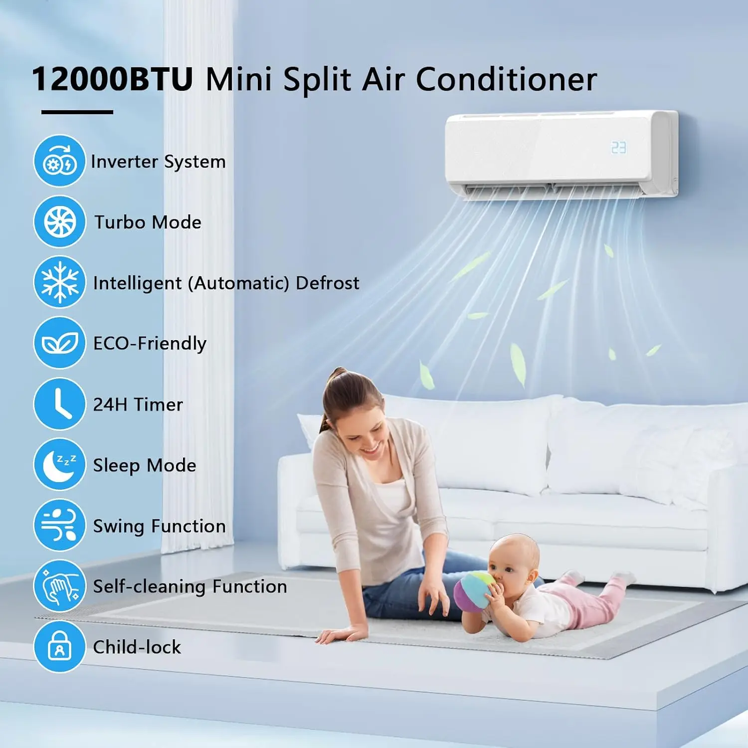12000 BTU Mini Split Air Conditioner & Heat Pump- Inverter SEER2 22 115V, Energy Star Wi-Fi Smart Control, Quiet, with, Custom