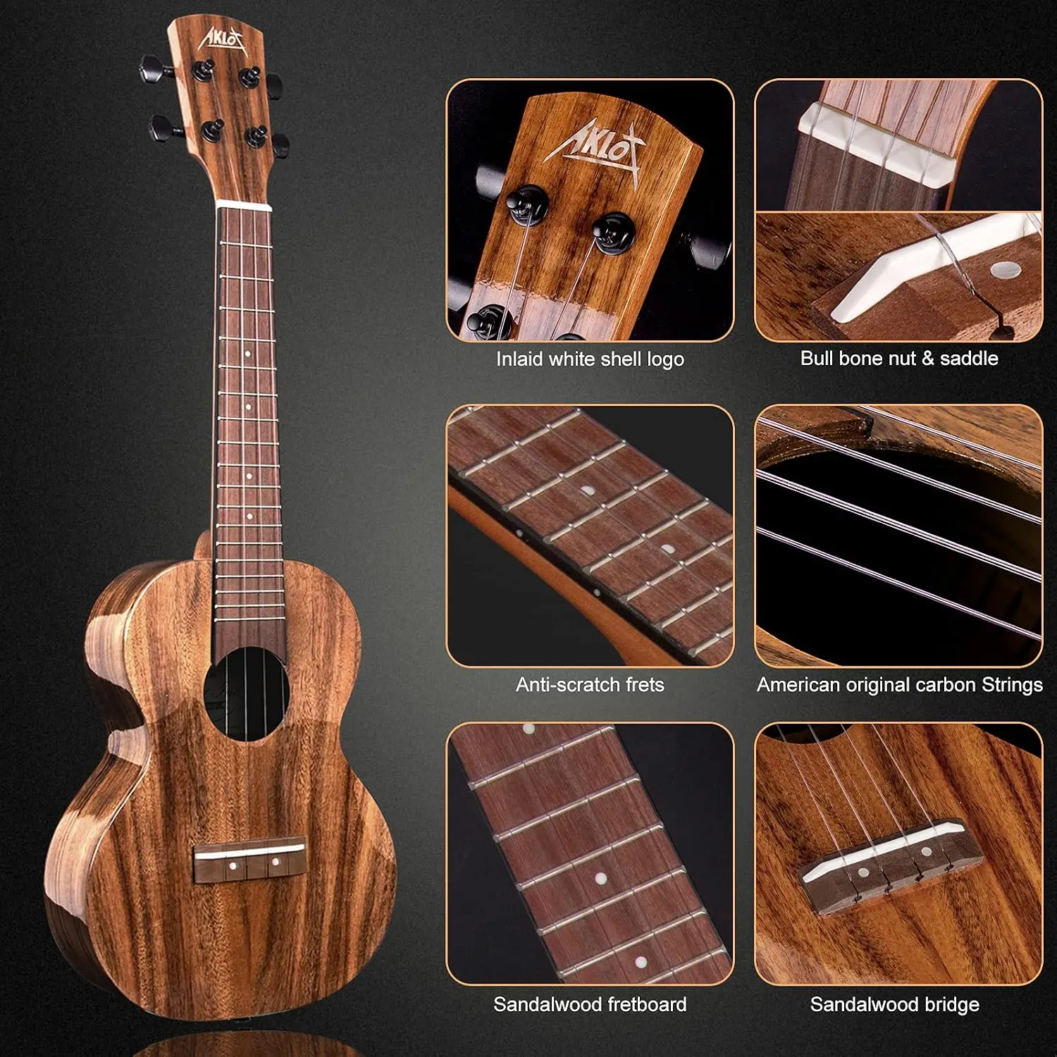 All Solid Acacia Ukulele with Super Warm Tone, Adult & Professional Beginner Kit, Free Online Courses, Gig Bag, Strap