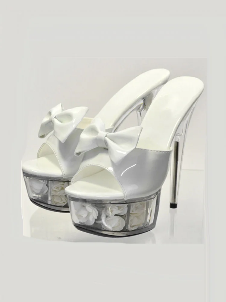 Slippers Exotic Stripper 6 Inch Dress Party Shoes 15cm High Heels Platform Rose Bowknot Pink Bridal Wedding Shoes Ugs For Woman