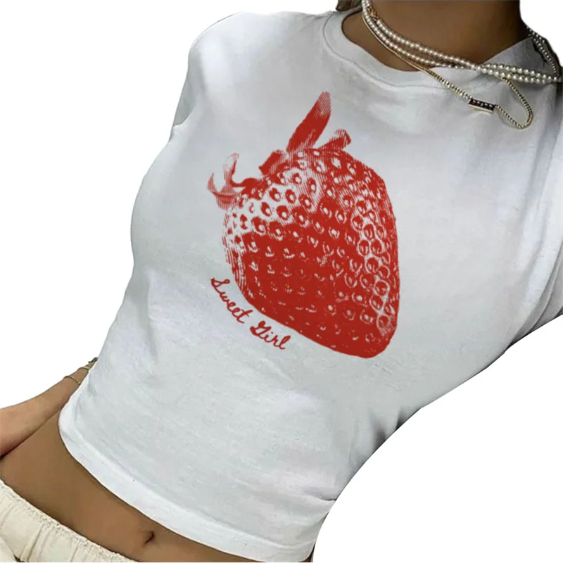 Atasan Crop motif buah Y2k wanita, pakaian jalanan estetika lucu gadis remaja kaus ramping leher Crew lengan pendek